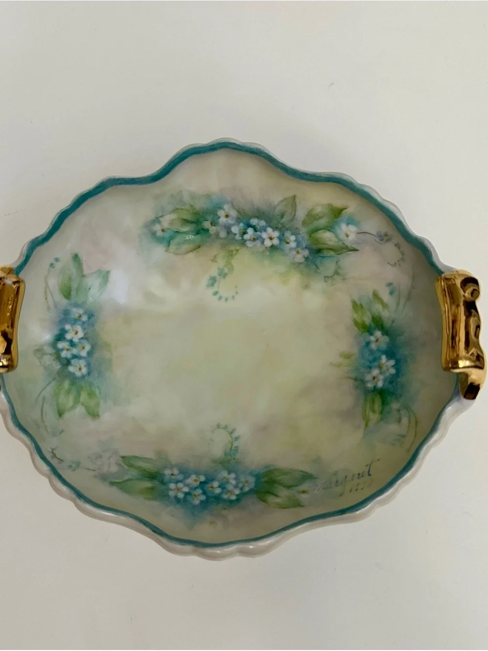 Vintage Porcelain Bowl-White & Blue Forget-Me-Not Flowers-6x5 in.